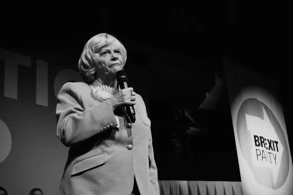 Ann Widdecombe speaking at a Brexit Party event