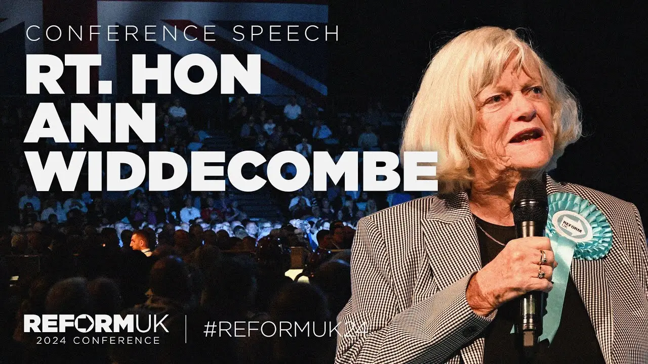Ann Widdecombe speaking from the platform at the Reform UK 2024 National Conference
