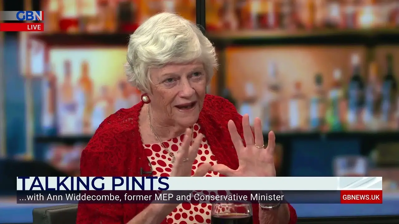 Ann Widdecombe sitting with Nigel Farage over a drink during his Talking Pints interview